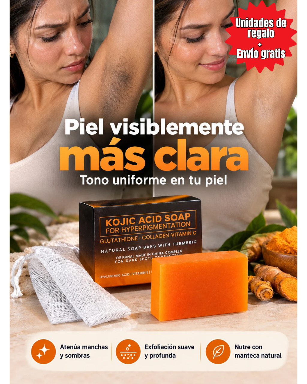 Jabón Despigmentante Con Ácido Kójico, Cúrcuma y Retinol